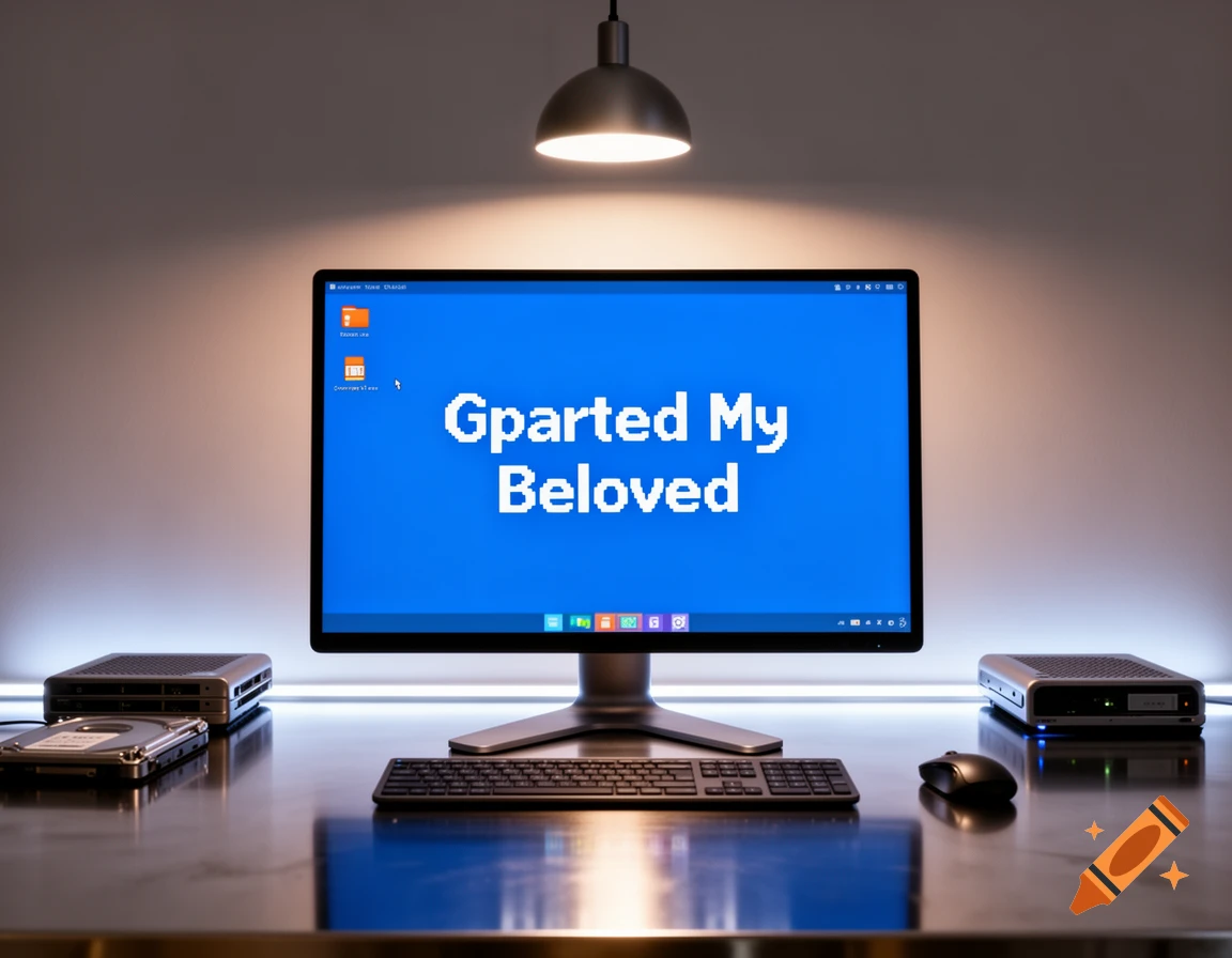 A photorealistic image of a computer monitor displaying "Gparted My Beloved" on a blue background, with a keyboard, mouse, and external drives on a desk under a lamp.