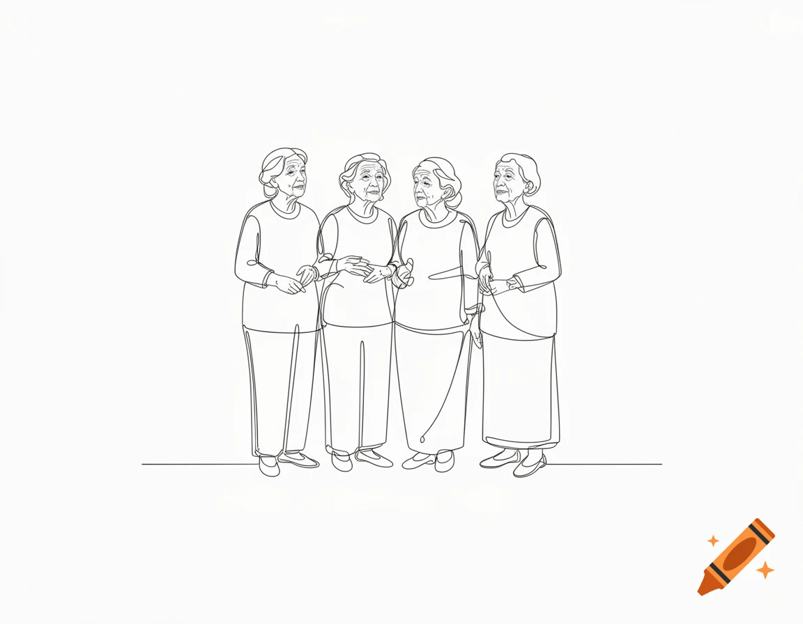 Minimalist line art drawing of four elderly women standing and talking.