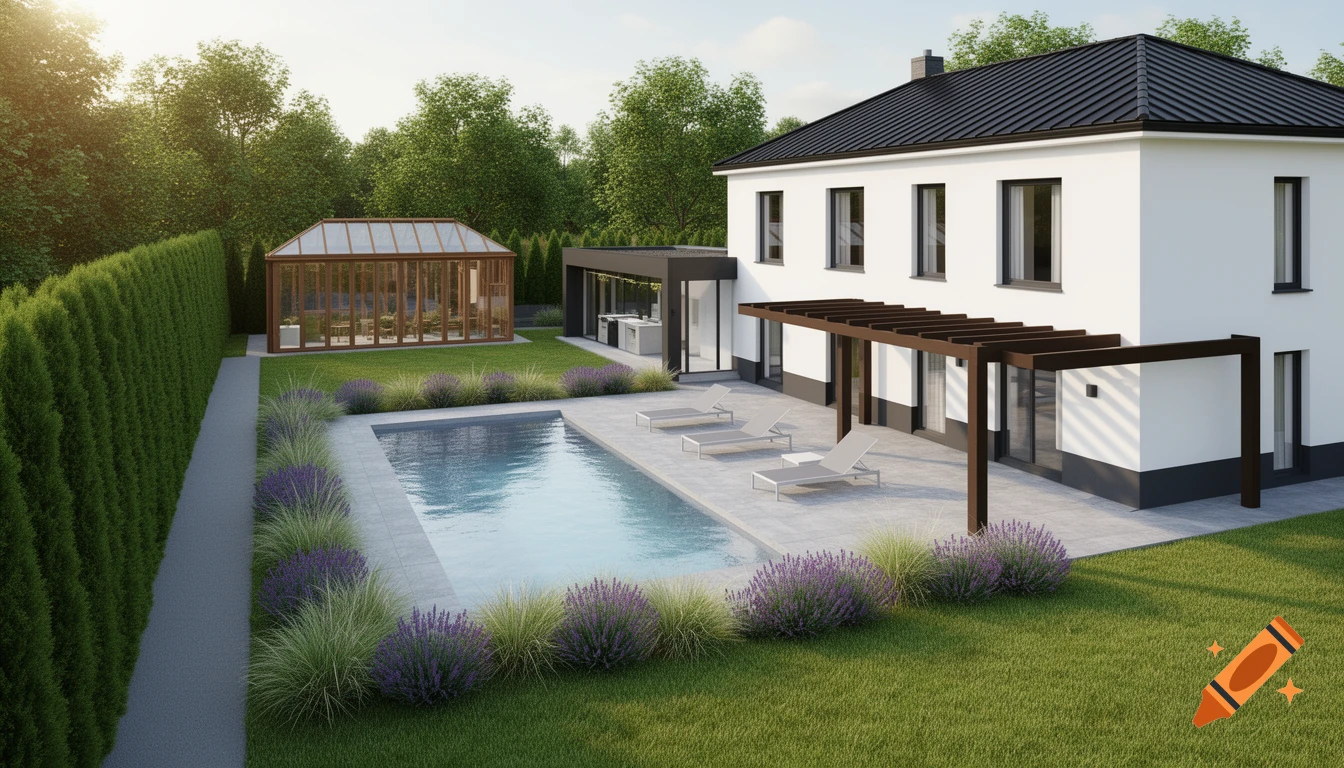 Photorealistic 3D architectural visualization of a modern white house with a black roof, swimming pool, pergola, and greenhouse.