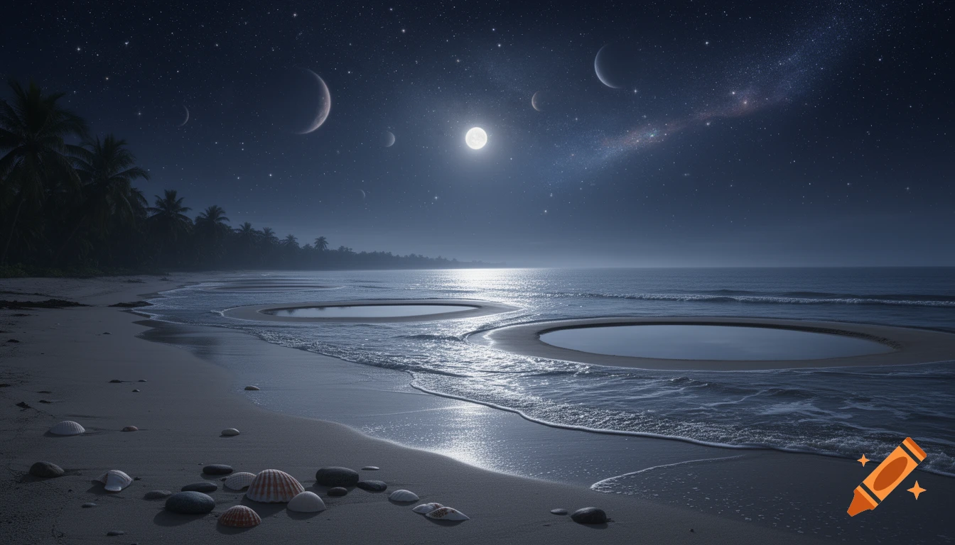 A serene night beach with palm trees silhouetted against a starry sky featuring a bright moon and multiple crescent planets reflecting in the calm ocean waves and tidal pools.