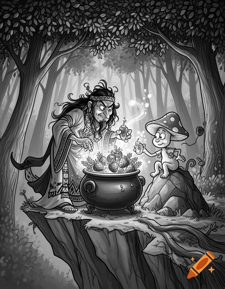 Black and white cartoon of a shaman and a mushroom creature brewing a potion with strawberries in a cauldron on a cliff in a mystical forest.