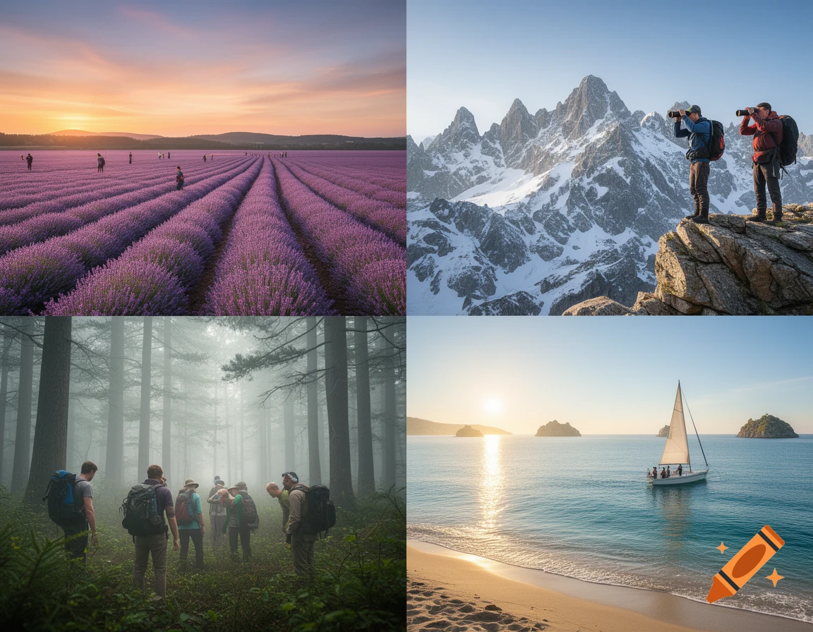 Four photorealistic outdoor scenes: a lavender field at sunset, hikers on a snowy mountain, hikers in a misty forest, and a sailboat on a beach at sunset.