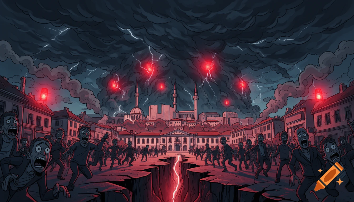 A dramatic, cartoony scene of a city splitting apart with a glowing red crack. Frightened people run under dark, stormy clouds with red sirens and lightning.