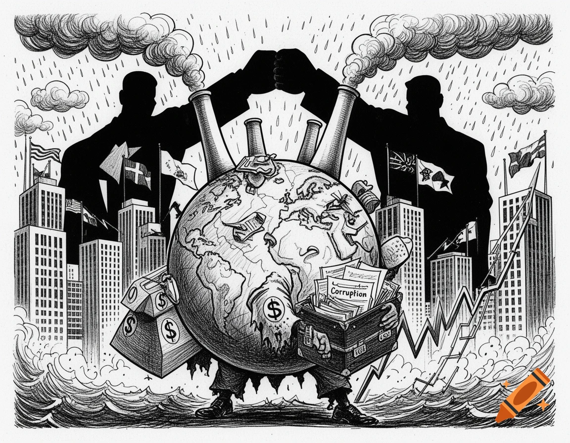 Black and white caricature of two shadowy figures fist-bumping over a globe carrying money bags and a box labeled 'Corruption', set against a backdrop of city buildings, smoke, and stormy waves, symbolizing international power struggles.