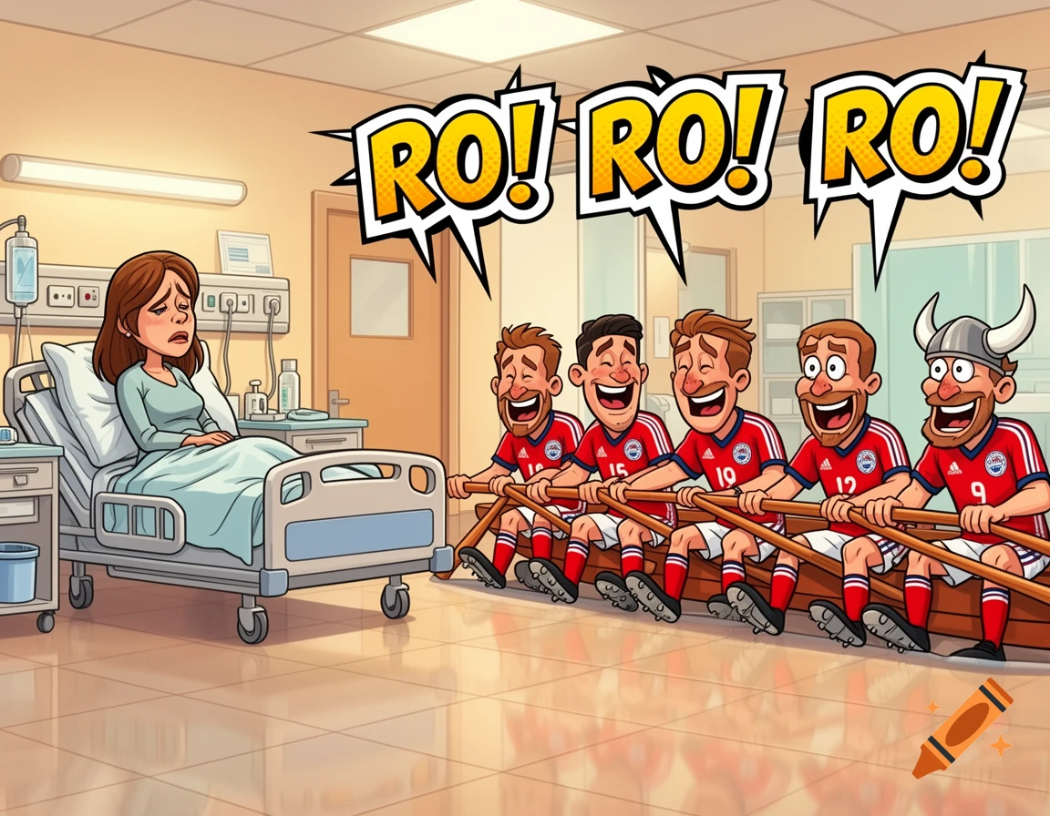 Exhausted woman in hospital bed while five cartoon football players mimic rowing and cheer "RO! RO! RO!" in a funny, detailed cartoon style.