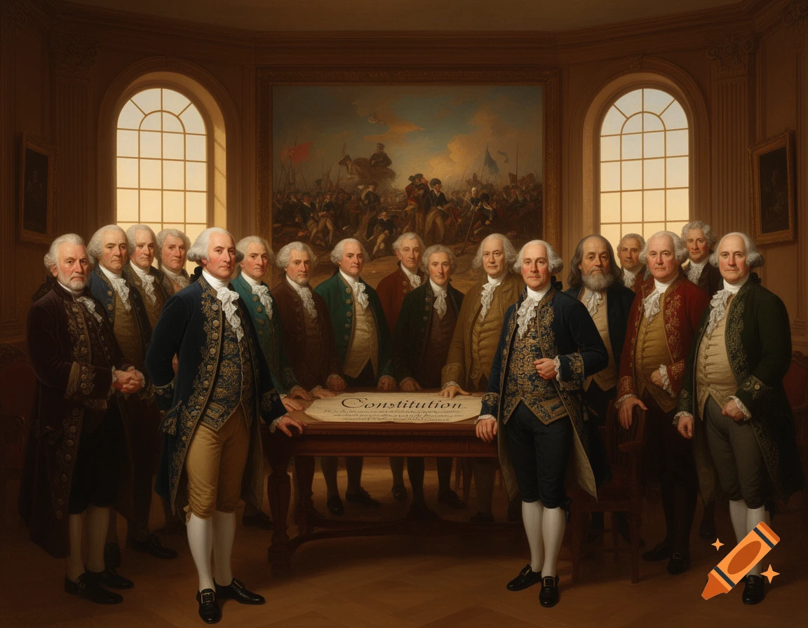 A painting depicting American Founding Fathers in colonial attire, gathered around a table with a document labeled 'Constitution'.
