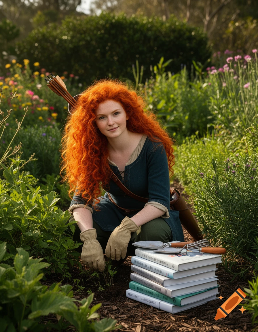 Merida with fiery red hair and a quiver of arrows on her back, kneels in a lush garden, wearing gardening gloves, next to a stack of books and tools.