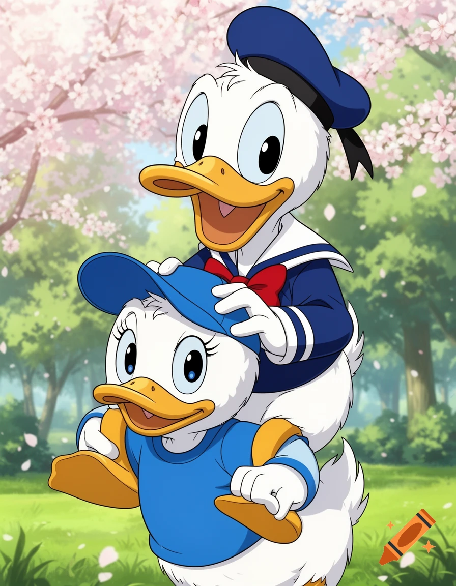 Donald Duck on the shoulders of a smaller duck, both smiling, set against a background of cherry blossoms in an anime style.