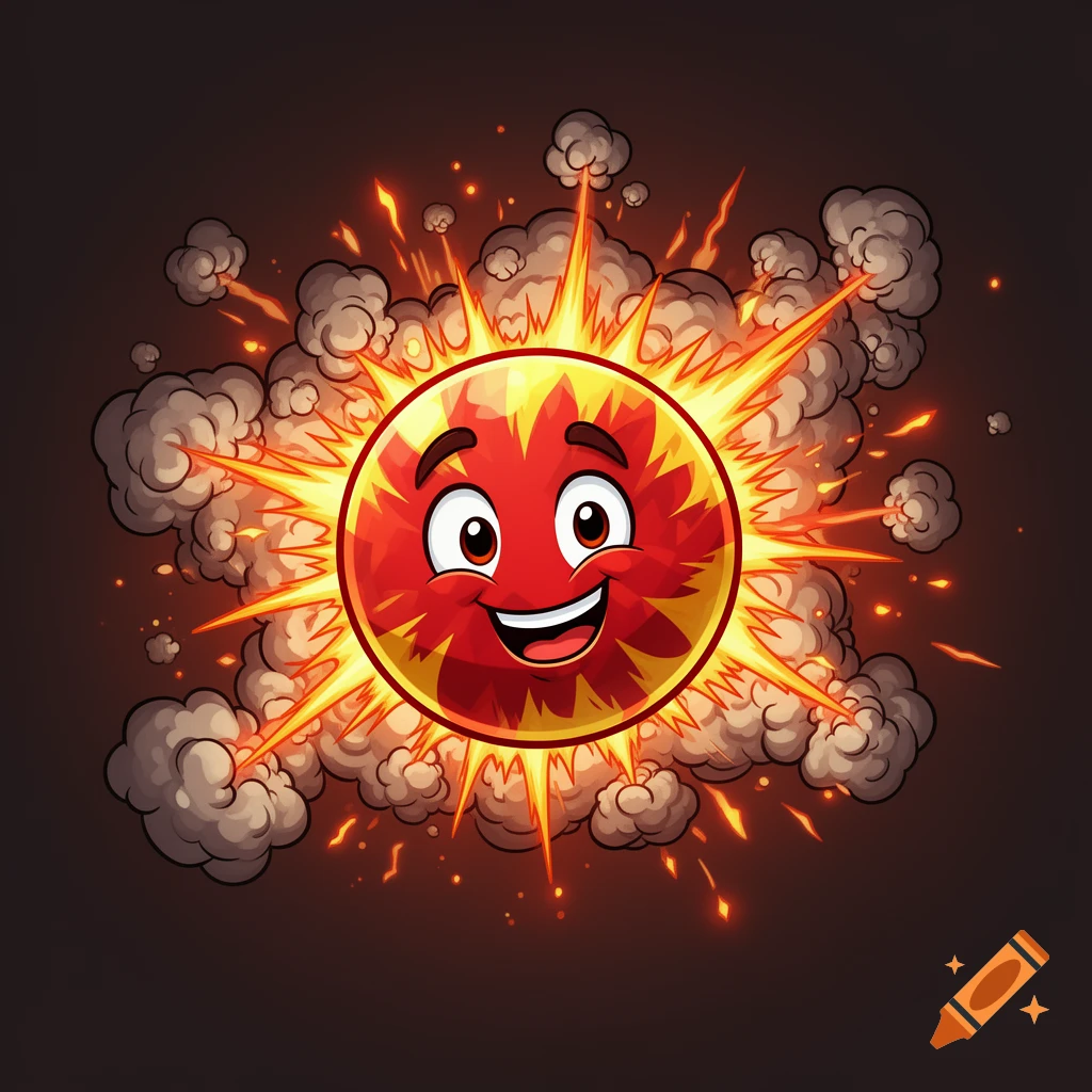 A cartoon red bomb character with a happy face explodes amidst yellow flames and gray smoke, vibrant illustration.