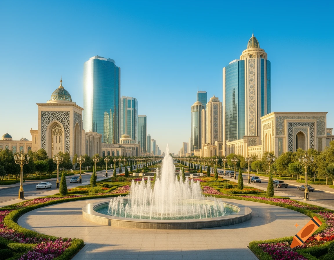 A grand urban avenue with a large fountain, lush gardens, and cars. Modern skyscrapers and ornate buildings line the street under a clear blue sky.