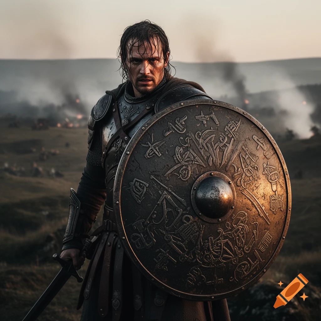 A determined warrior in dark armor holds a sword and a large round shield with intricate, illegible carvings on a smoky battlefield at dusk.
