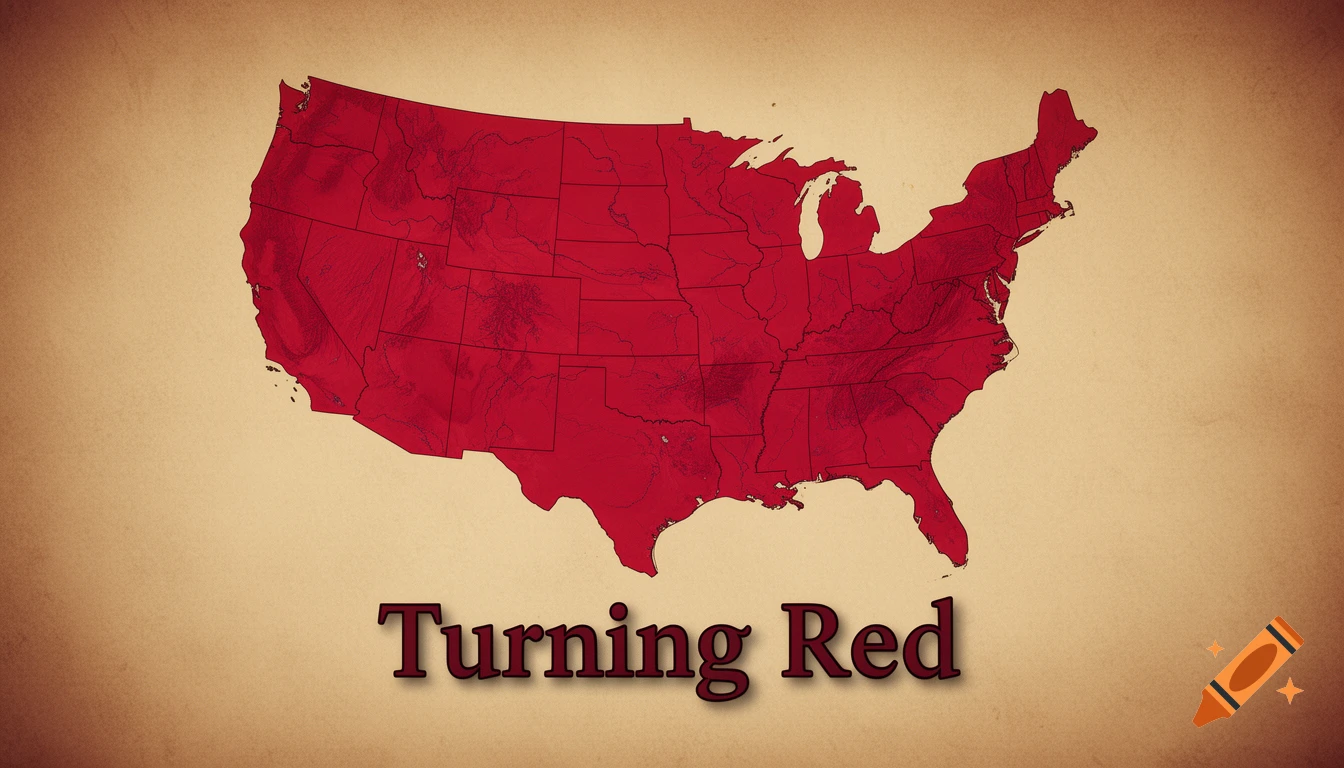 A red map of the United States with state outlines, on a textured beige background, with the text 'Turning Red' below it.