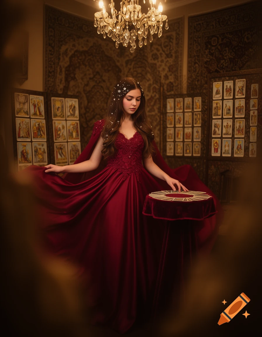 A young woman in a flowing red gown stands in a dimly lit room with tapestries, touching tarot cards on a table and displayed on walls.
