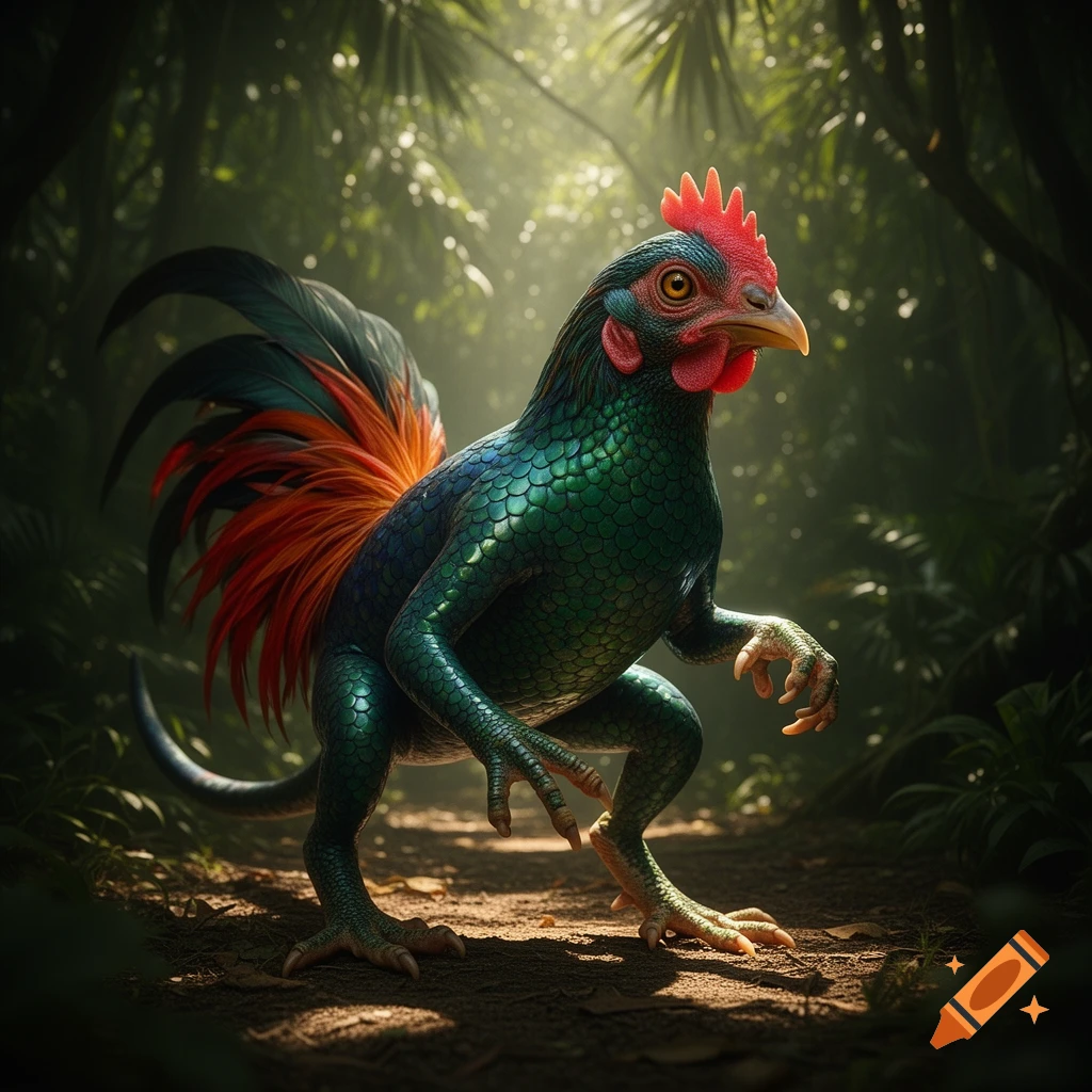 Photorealistic hybrid creature with a chicken head, green scales, and reptilian limbs, standing in a sunlit jungle.