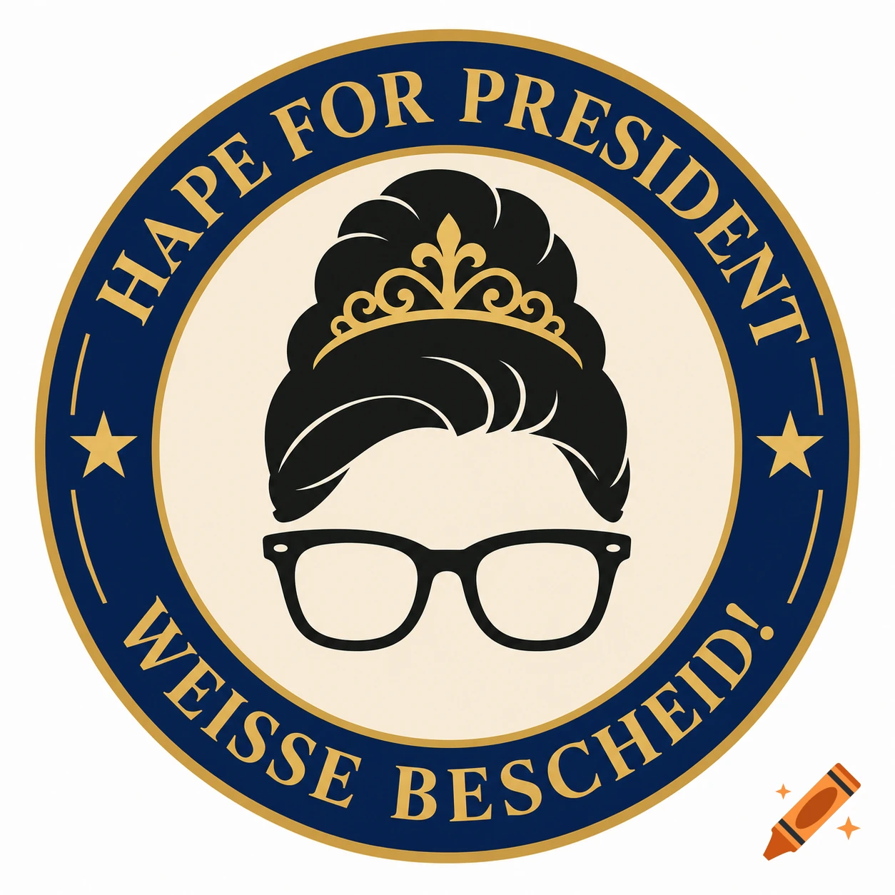 A round political campaign-style logo featuring a stylized head with glasses and a tiara, with text 'HAPE FOR PRESIDENT WEISSE BESCHEID!'