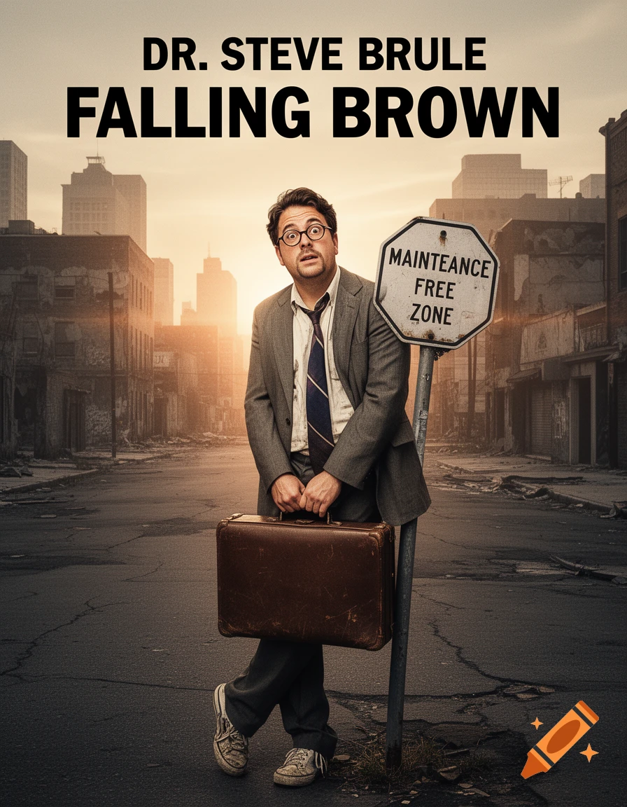 Movie poster for 'Dr. Steve Brule Falling Brown' featuring a surprised man in a suit holding a briefcase on a distressed city street.