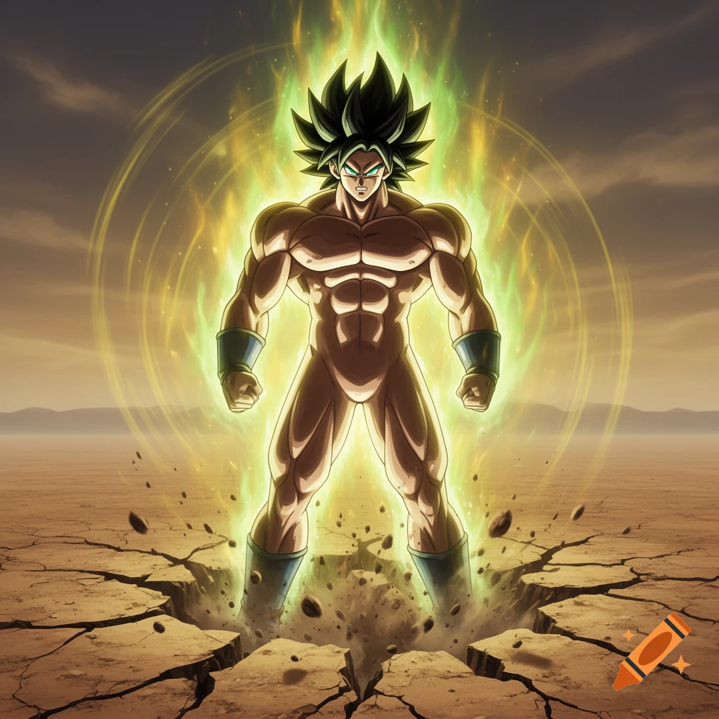 Muscular anime character Broly with green spiky hair and glowing aura stands powerfully in a cracked desert.