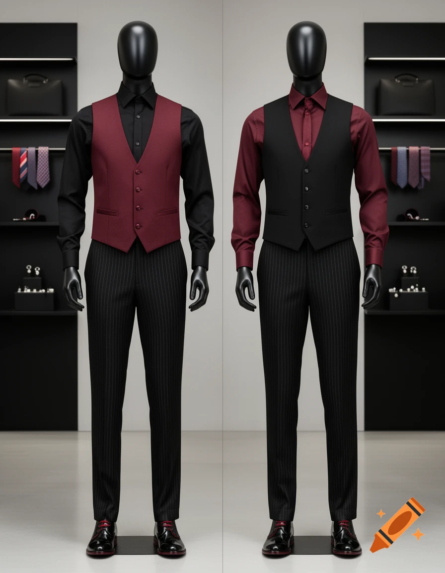 Two black mannequins modeling men's formal wear; one in black shirt/burgundy vest, other in burgundy shirt/black vest, both with pinstripe pants.