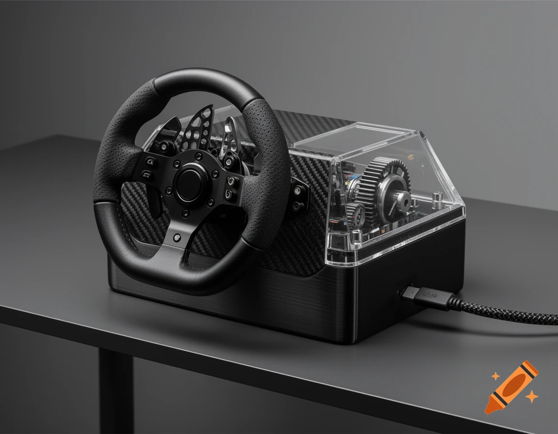 A photorealistic sim racing controller with a black F1-style steering wheel, carbon fiber plate, and visible gears in a clear enclosure, resting on a modern desk.