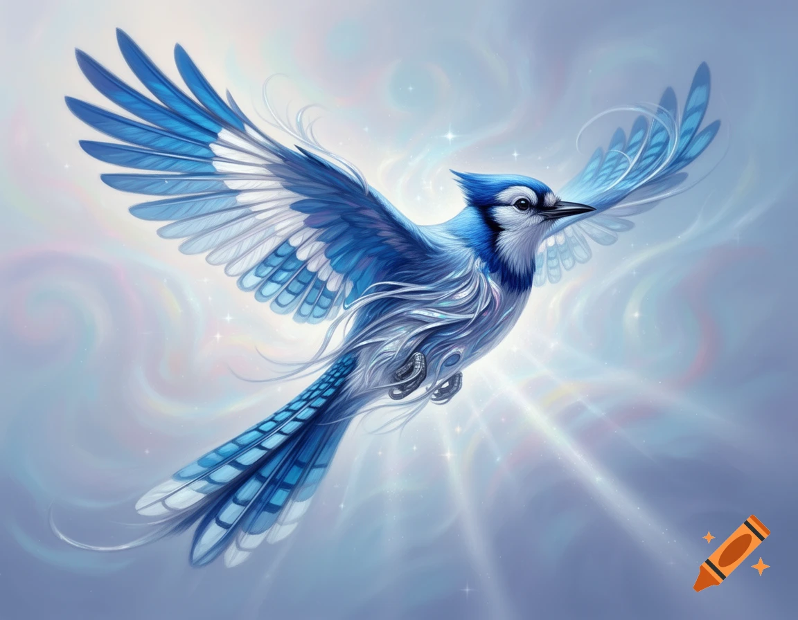 A stylized bluejay with open wings, featuring glowing, feathery details, flying against a soft, ethereal, light blue background with sparkles.