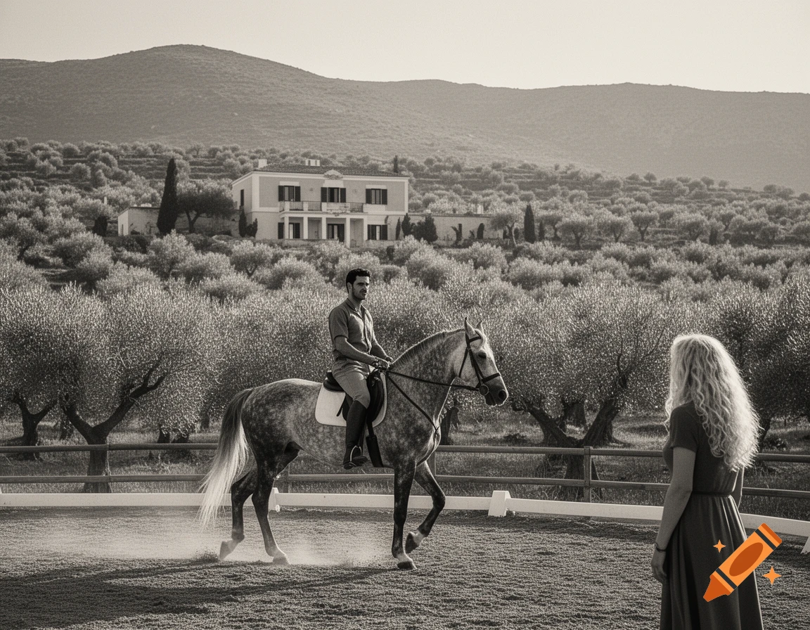 A man rides a dapple gray horse in a training arena, watched by a blonde woman. A house and olive groves are in the background. Black and white, 1960s style.
