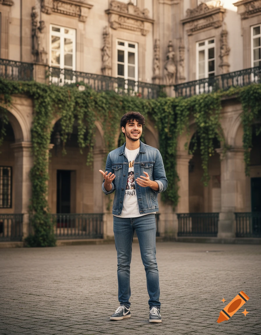 A smiling young man in a denim jacket and jeans stands in a stone courtyard with ivy-covered arches and ornate buildings.