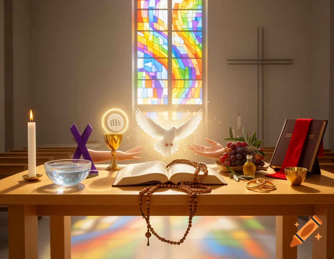 A wooden table in a church holds various Catholic symbols including a chalice with a glowing host marked IHS, a white dove, an open bible, rosary beads, grapes, oil, a candle, and gold rings, with a colorful stained-glass window in the background.