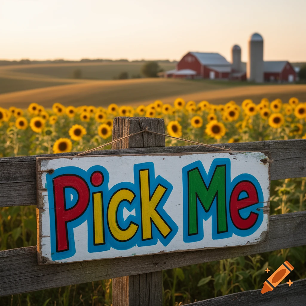 A colorful "Pick Me" sign on a rustic wooden fence in front of a vast sunflower field, with a red barn under a sunset sky.