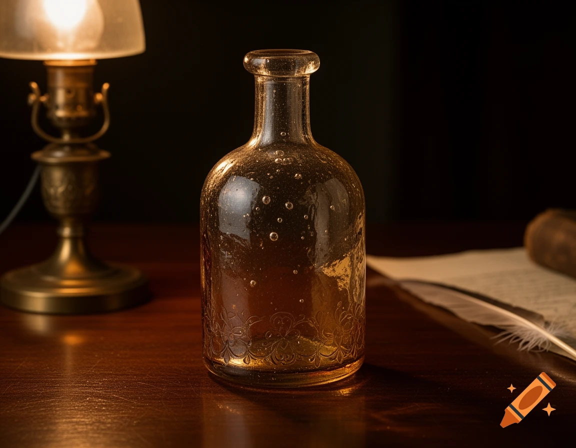 A clear glass serving bottle with small bubbles on a dark wooden desk next to an illuminated vintage brass lamp and a quill and paper.