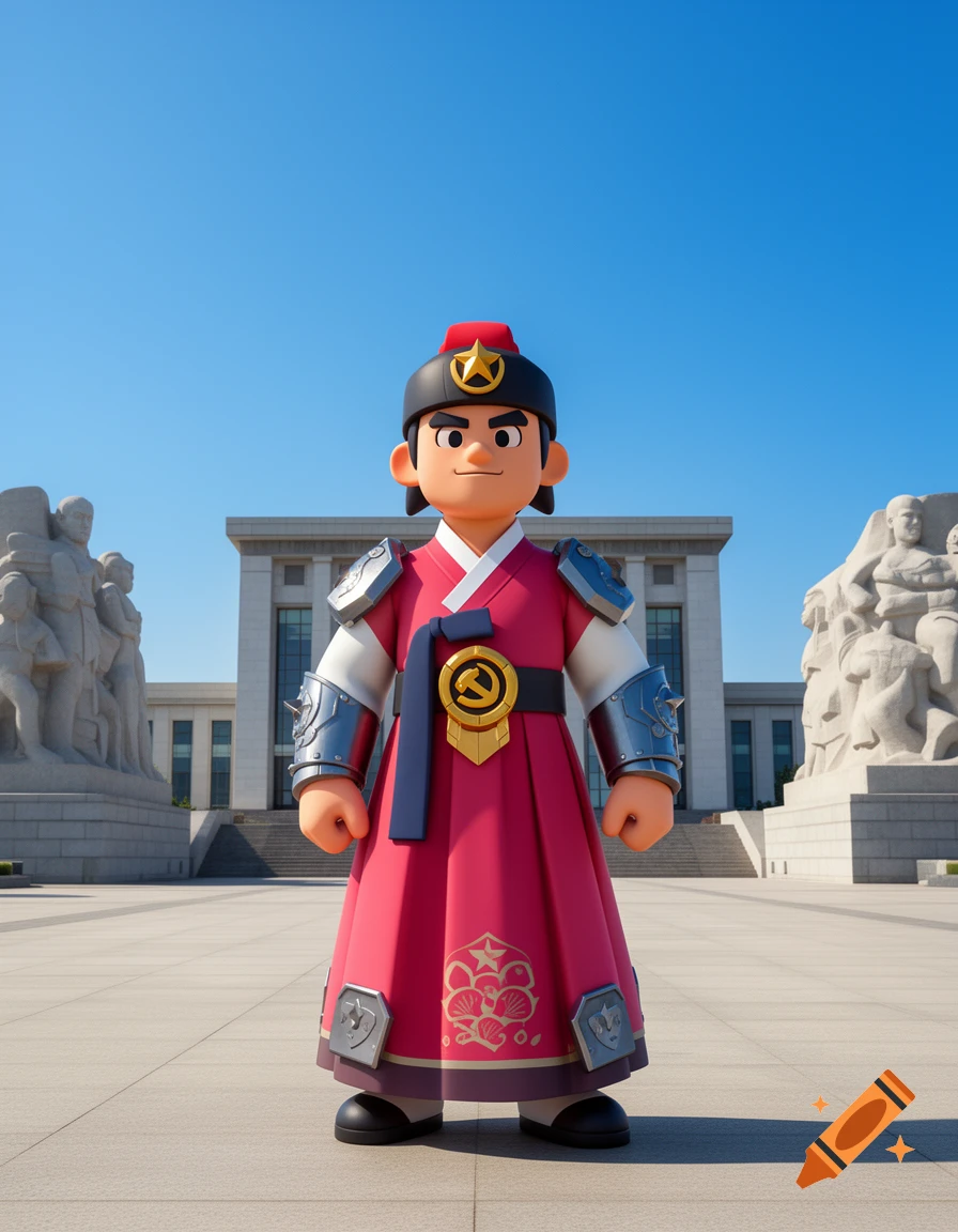 A stylized cartoon character in a red military-style costume with silver armor and a starred hat stands in a large plaza before a grand building with statues.