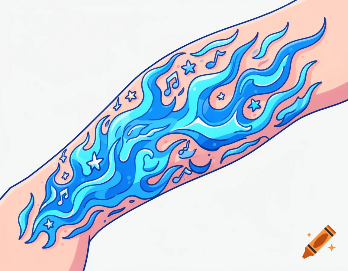 A cartoon-style forearm tattoo of vibrant blue flames intertwined with stars and musical notes, on a light-skinned arm.