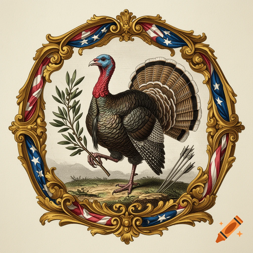 A wild turkey stands in a golden, patriotic emblem frame, holding an olive branch with arrows nearby, in a detailed historical engraving style.