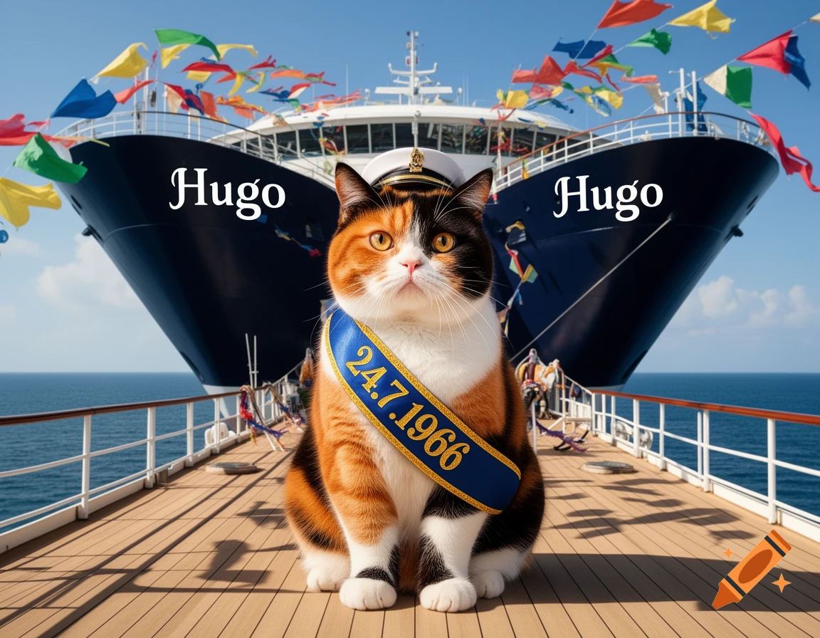 A calico cat captain wearing a sash with '24.7.1966' sits on the wooden deck of a cruise ship named 'Hugo' under a blue sky.