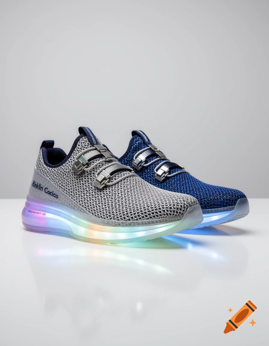 A pair of light-up sneakers, one gray and one blue, with 'Rinklin Cacico' written on the side, on a white reflective surface.