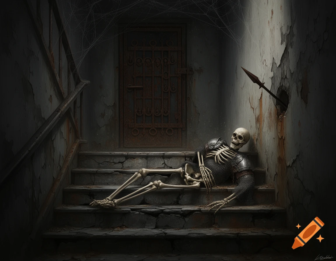A skeleton in tarnished chain mail armor lies slumped on decayed stone stairs in a dimly lit, eerie stairwell with a rusty door and a spear protruding from the wall.