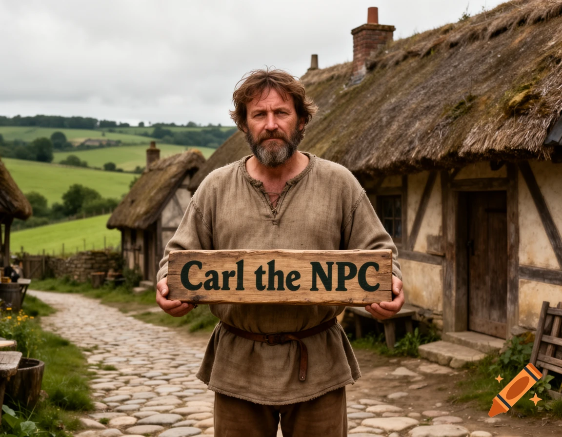 A bearded man in medieval clothing holds a sign saying 'Carl the NPC' on a cobblestone path in a village.
