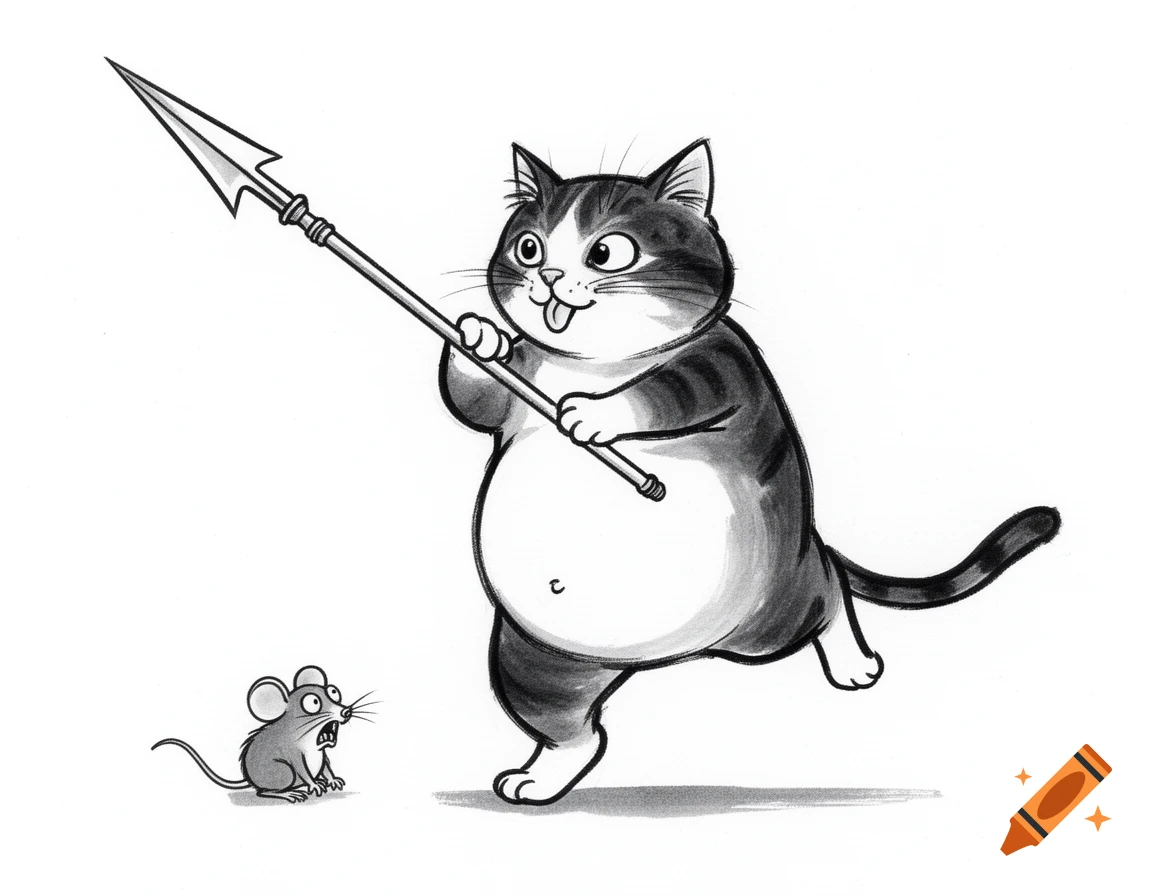 Black and white illustration of a fat cartoon cat wielding a spear, losing balance and about to fall on a terrified mouse.