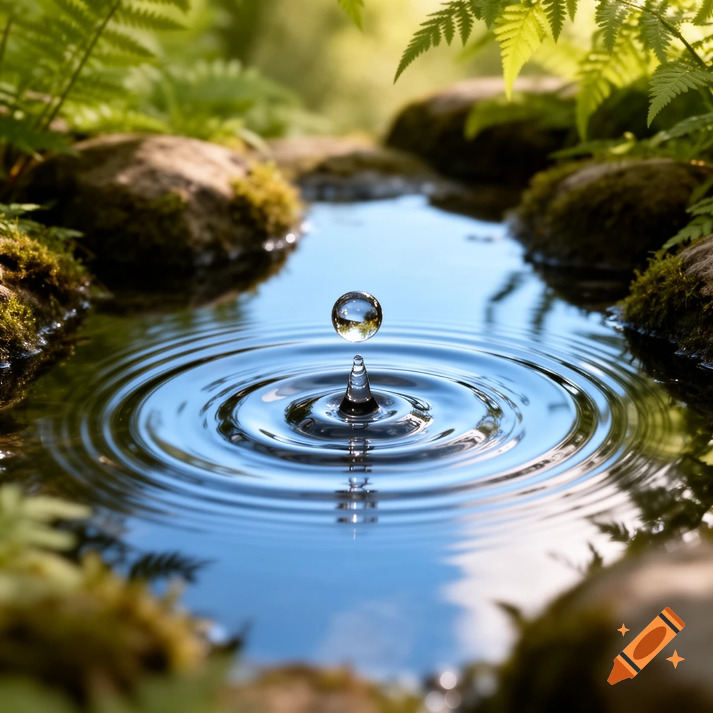 A photorealistic close-up of a water droplet suspended above a pond, surrounded by lush green ferns and mossy rocks.