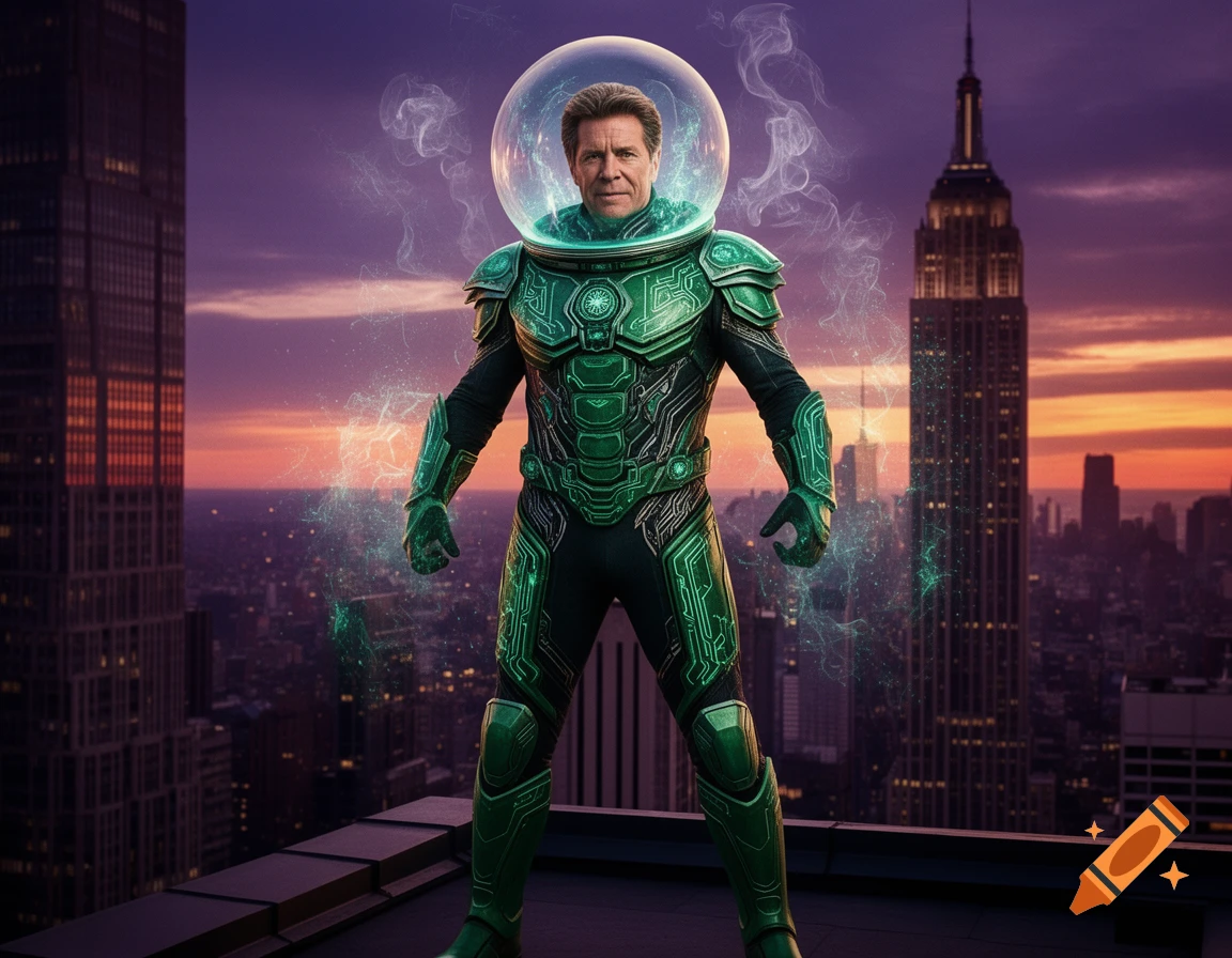 A man resembling Bruce Campbell in a green futuristic suit and a clear bubble helmet stands on a skyscraper overlooking a city at sunset.