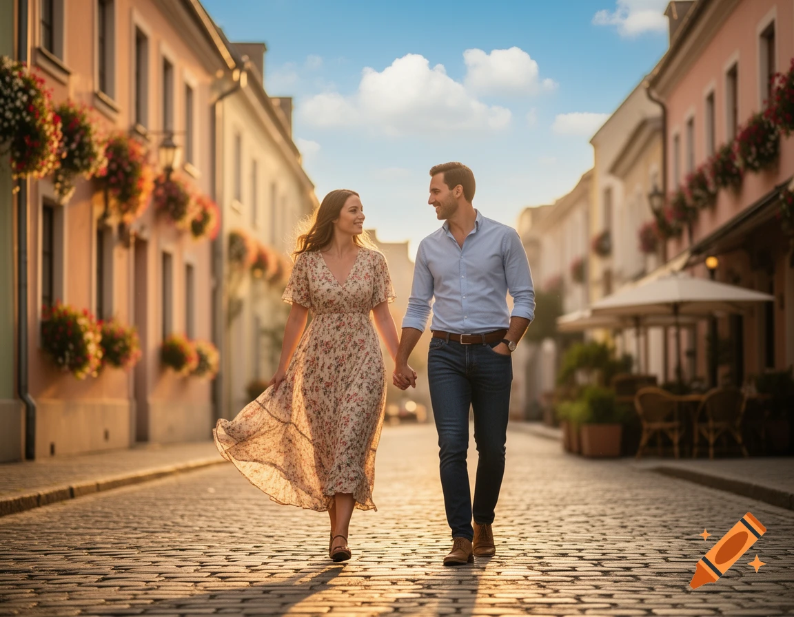 A happy couple walks hand-in-hand down a cobblestone street lined with buildings at sunset.