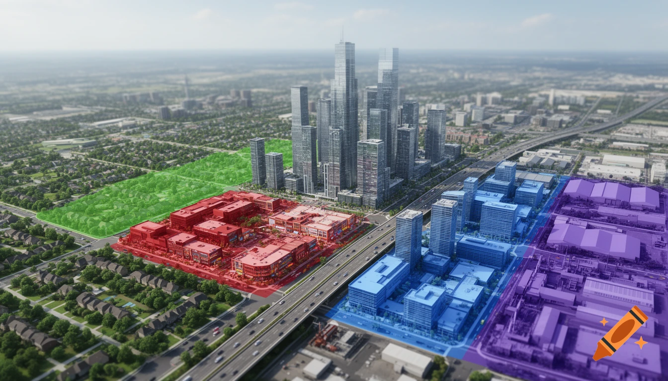 Aerial tilt-shift 3D render of a modern city with color-coded urban zones: green suburban homes, red commercial areas, blue office parks, purple industrial zones, and central skyscrapers.