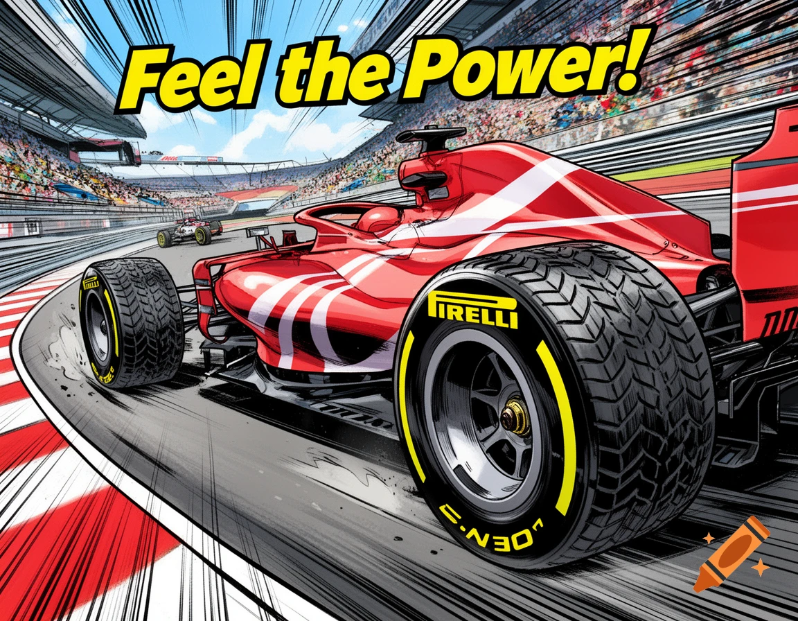 A red Formula 1 race car on a track with "Feel the Power!" text in a comic book style.
