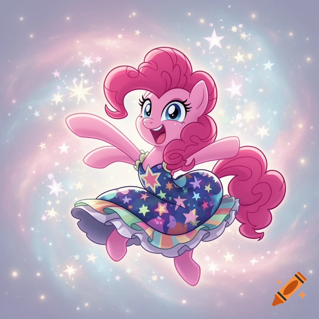 Pinkie Pie, a pink pony character, smiles while dancing in a blue starry dress against a pastel, swirling, star-filled background in cartoon style.