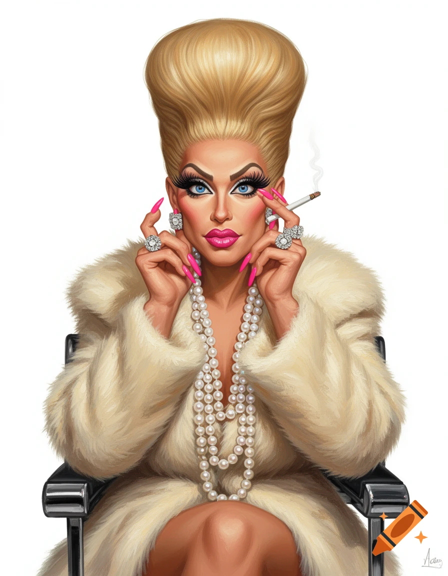 A glamorous caricature of a drag queen with a tall blonde beehive, dramatic makeup, a cream fur coat, pearl necklace, and pink nails, holding a cigarette.