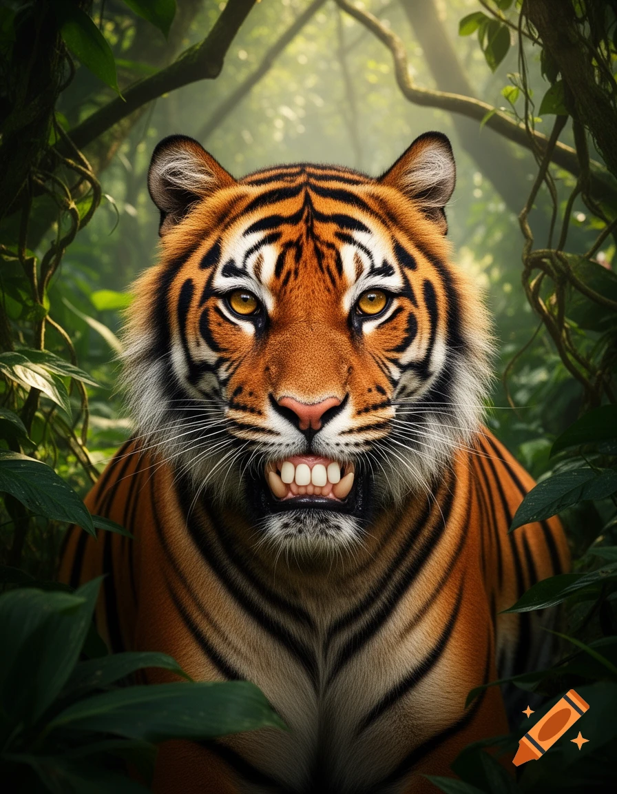 A photorealistic close-up of a tiger with human teeth snarling in a lush jungle.
