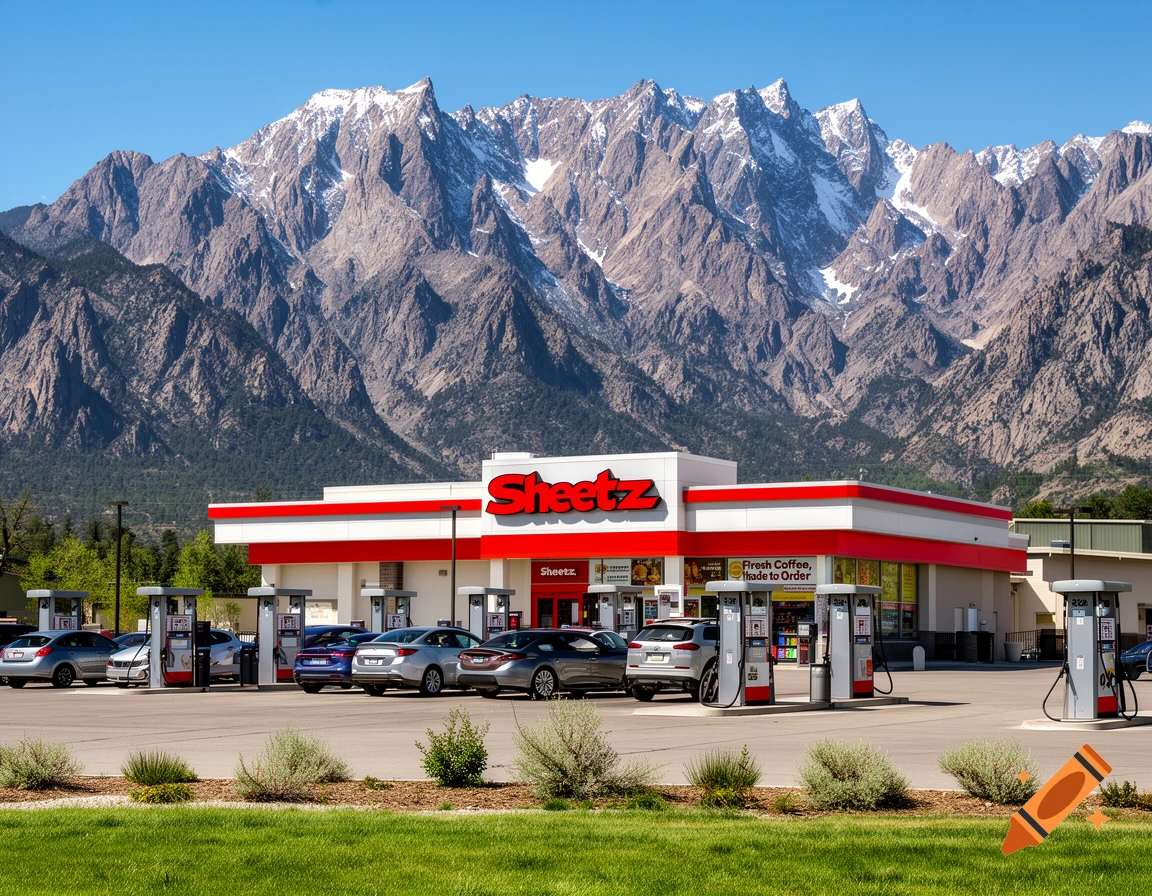 A Sheetz gas station and convenience store with cars at the pumps, set against a backdrop of towering, snow-capped mountains under a clear blue sky.