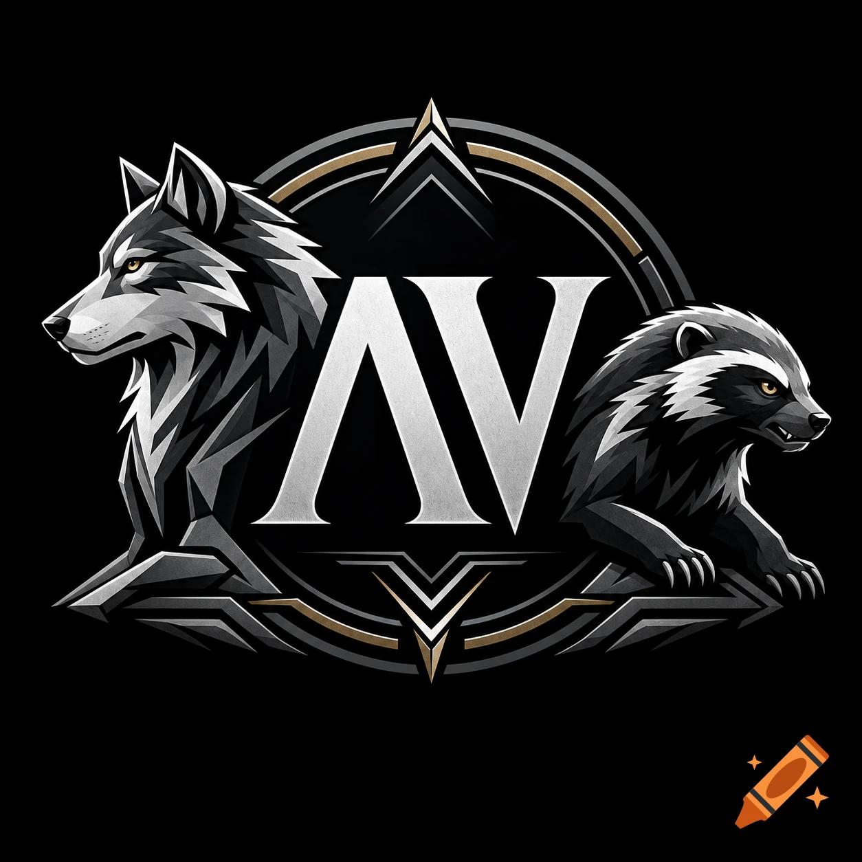 A stylized logo featuring a grey wolf and a wolverine flanking a white 'ΛV' monogram, with geometric gold and silver accents on a black background.