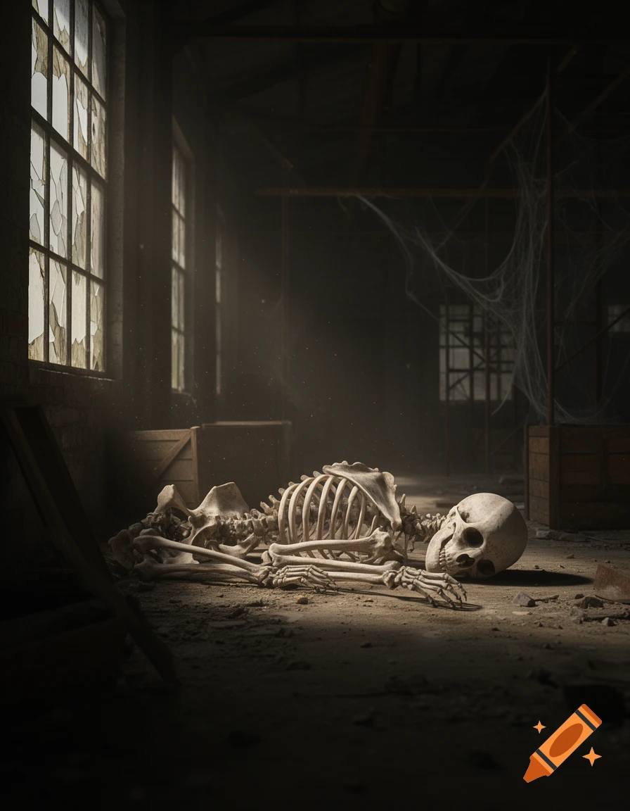 A photorealistic human skeleton lies on a dusty floor in a dimly lit, abandoned room with broken windows and cobwebs.