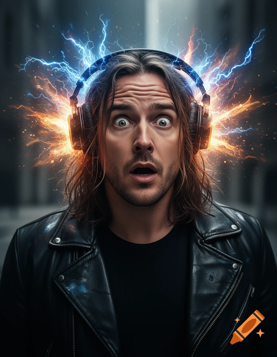 A long-haired man with a shocked expression wearing headphones emitting blue lightning and orange energy, a black leather jacket.