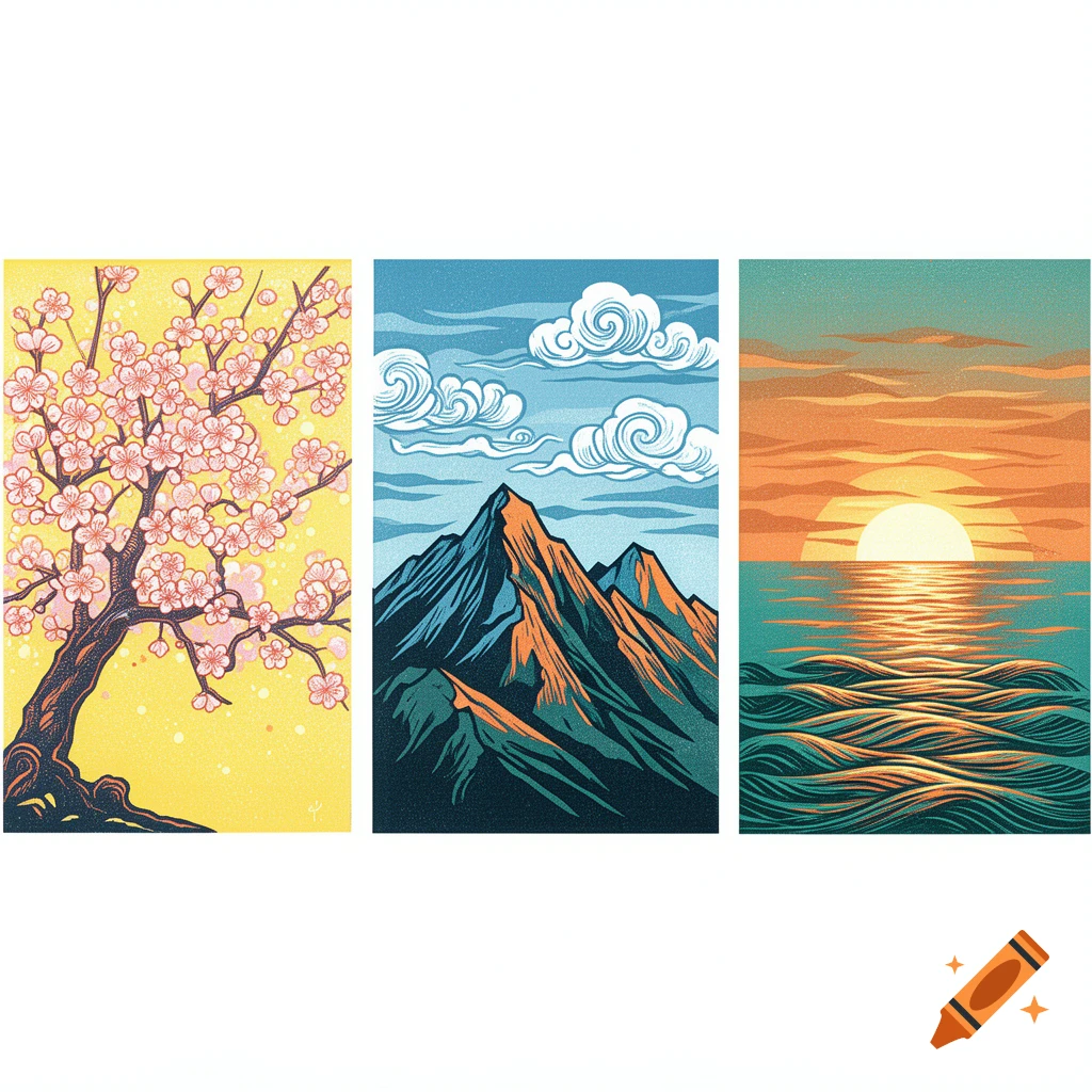 Three vertical linocut illustrations: a pink cherry blossom tree, blue and orange mountains, and an orange sunset over a teal ocean.